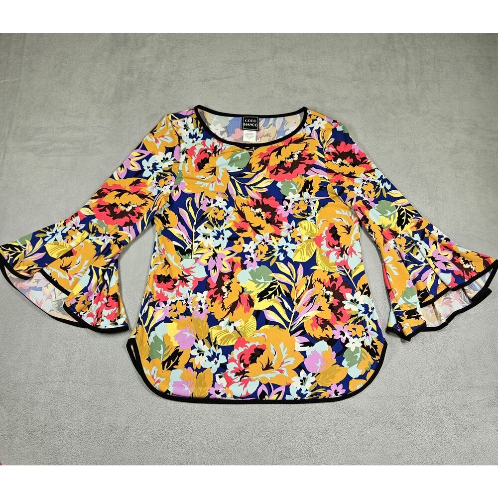 Coco Bianco Blouse Womens Petite L Bell Sleeve Top Feminine Career Boho Colorful